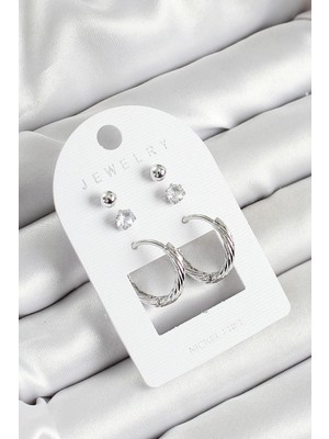 Shopwe Pirinç Zirkon Taş ve Halka Figürlü Gümüş Renk 3'lü Çift Kadın Küpe Set