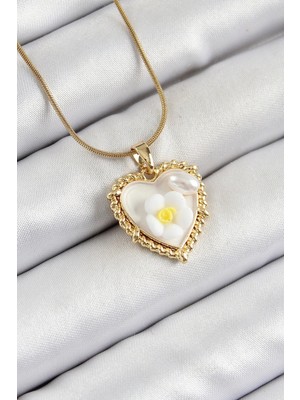 Shopwe 316L Çelik Zincir Beyaz Sanatsal Portre Inci Detaylı Papatya Figürlü Kalp Model Gold Renk Kadın Kolye