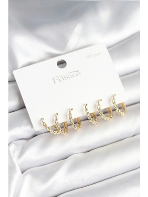 Shopwe Gold Renk Burgu Halka Model 925 Ayar Gümüş Çivili Pirinç Küpe Seti