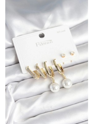 Shopwe Pirinç Gold Renk Inci Detaylı 925 Ayar Gümüş Çivili Kadın Küpe Seti