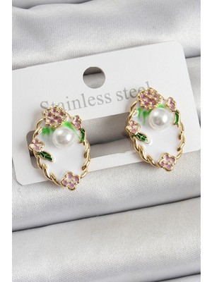 Shopwe Pirinç Beyaz Mineli Inci Detaylı Sanatsal Portre Model Gold Renk Kadın Küpe