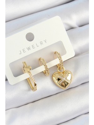 Shopwe Pirinç Zirkon Taşlı Kalp Model Gold Renk 3'lü Çift Kadın Küpe Set