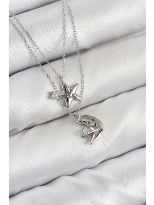 Shopwe Pirinç Zirkon Taşlı Yıldız ve Ay Model Gümüş Renk Kadın Kolye