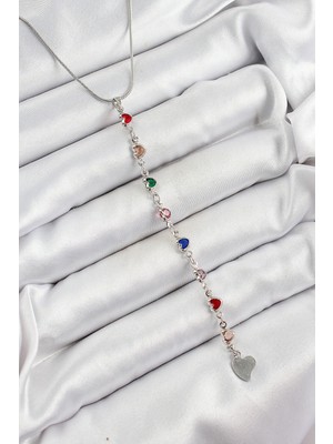 Shopwe Pirinç Gümüş Renk Karışık Renk Zirkon Taşlı Kalpli Y Kadın Kolye