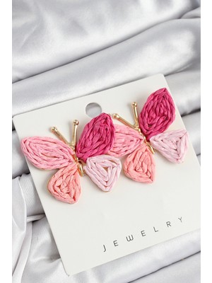 Shopwe Pirinç Pembe Kelebek Model Gold Renk Kadın Hasır Küpe