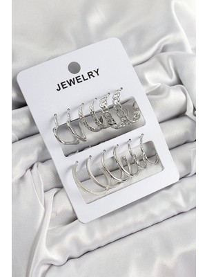Shopwe Pirinç Karışık Halka Model Gümüş Renk 6 Çift Kadın Küpe Set