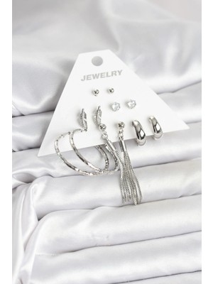 Shopwe Gümüş Renk Pirinç 6 Çiftli Kadın Küpe Seti