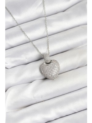 Shopwe 316L Çelik Zincir Gümüş Renk Zirkon Taşlı Kalpli Kadın Kolye