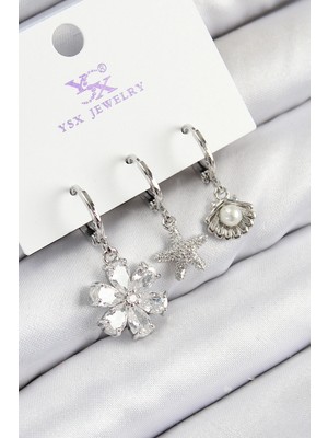 Shopwe Pirinç Zirkon Taşlı 3'lü Çiçek ve Istiridye Model Gümüş Renk Kadın Küpe