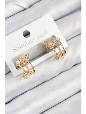 Shopwe Pirinç Zirkon Taşlı Inci Detaylı Balık Kuyruğu Model Gold Renk Kadın Küpe