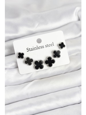 Shopwe 316L Çelik Gümüş Siyah Renk 3 Boy Yonca Küpe Seti