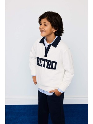 DeFacto Oversize Geniş Kalıp Polo Yaka Baskılı Selanik Kumaş Sweatshirt Erkek Çocuk G4386A825WN