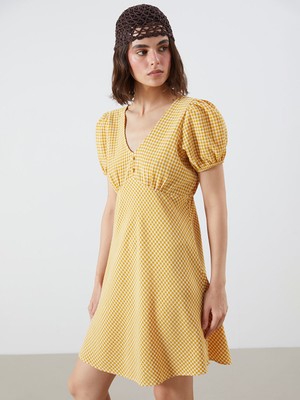 Lc Waikiki Yeni Sezon Balon Kollu Ekose Belden Oturtmalı Mini Elbise