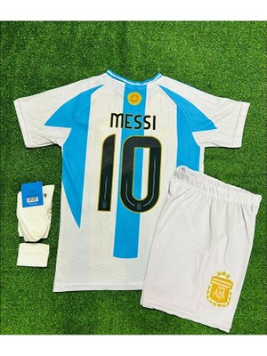 BySportakus Arjantin 2024/25 Sezon Lionel Messi Çocuk Forması Şort Çorap Bileklik 4'lü Seti