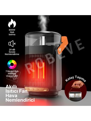 Robeve Taşınabilir Isıtıcı & Hava Nemlendirici Buhar Makinesi – 7 Renk LED Işıklı, Uzaktan Kumandalı, Zaman Ayarlı, Devrilme Korumalı Mini Isıtıcı 800W
