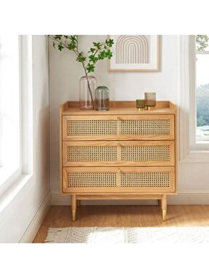 Wooden Decoration Bombong 3 Çekmeceli Masif Ahşap Şifonyer 75 cm Genişlik 70 cm Yükseklik Bej Renk