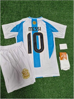 BySportakus Arjantin 2024/25 Yeni Sezon Lionel Messi Çocuk Forması Şort Çorap Bileklik 4'lü Set