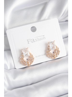 Shopwe Pirinç Gold Renk Zirkon Taşlı Kadın Küpe