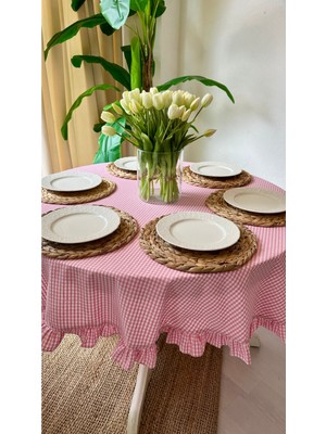 Decamor Home Keten Pembe Pötikare Fırfırlı Dertsiz Leke Tutmaz Yuvarlak Masa Ö