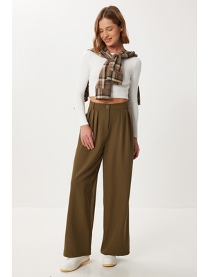 Happiness İstanbul Pileli Dokuma Palazzo Pantolon LDW0009 Haki