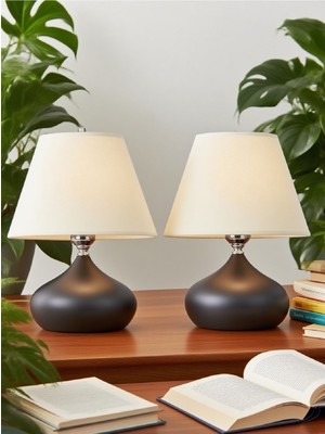 571 Abmk 2 Adet Elips Masa Abajur Metal Gövde Kumaş Başlık Aydınlatma