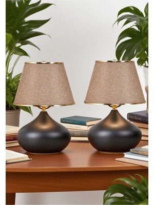 571 Abmk 2 Adet Elips Masa Abajur Metal Gövde Kumaş Başlık Aydınlatma