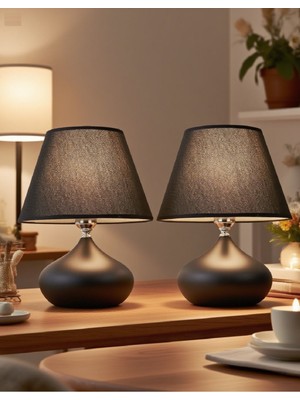 571 Abmk 2 Adet Elips Masa Abajur Metal Gövde Kumaş Başlık Aydınlatma