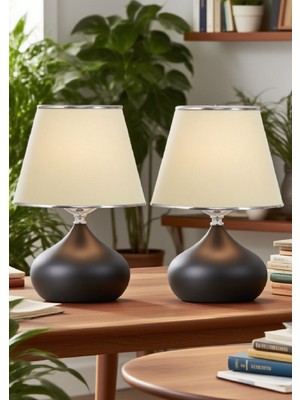 571 Abmk 2 Adet Elips Masa Abajur Metal Gövde Kumaş Başlık Aydınlatma