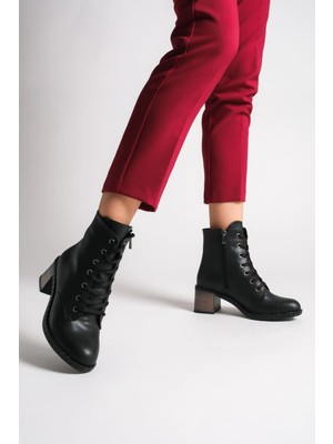 Baybonza Dıana Bağcıklı Fermuarlı Ortopedik Taban Topuklu Kadın Bot Cst - Siyah