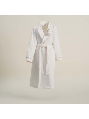 Ecocotton Vanya Kadın Bornoz %100 Organik Pamuk Kadife Aplike Nakışlı Krem