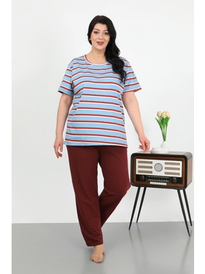 Akbeniz Kadın Büyük Beden Kısa Kol Penye Pijama Takımı Mavi 202505