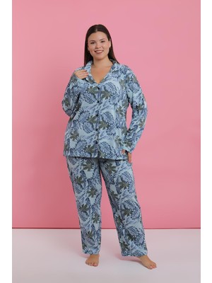 Akbeniz Kadın Büyük Beden Mavi Tropikal Desenli Düğmeli Pijama Takımı