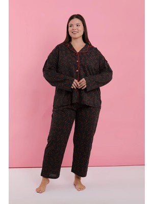 Akbeniz Kadın Büyük Beden Siyah Kırmızı Çiçekli Düğmeli Pijama Takımı