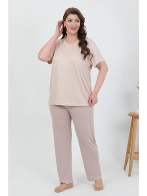 Akbeniz Kadın Büyük Beden Kısa Kol Penye Pijama Takımı Sütlü Kahve 202510