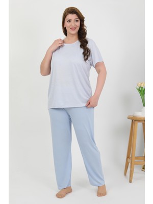 Akbeniz Kadın Büyük Beden Kısa Kol Penye Pijama Takımı Mavi 202510