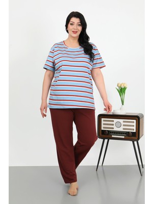 Akbeniz Kadın Büyük Beden Kısa Kol Penye Pijama Takımı Mavi 202505