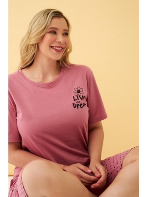 Akbeniz Kadın Somon “live The Dream” Yazılı Büyük Beden Kapri Pijama Takımı
