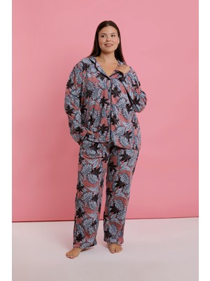 Akbeniz Kadın Büyük Beden Somon Yaprak Desenli Düğmeli Pijama Takımı