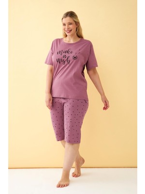 Akbeniz Kadın Mürdüm “make A Wish” Yazılı Büyük Beden Kapri Pijama Takımı