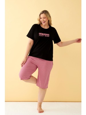 Akbeniz Kadın Siyah “no Rules Just Ride” Yazılı Büyük Beden Kapri Pijama Takımı