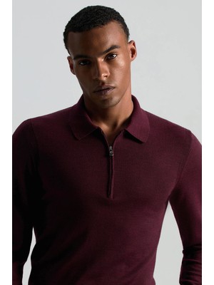 Hemington Merino Yün Ipek Karışım Polo Yaka Yarım Fermuarlı Bordo Triko