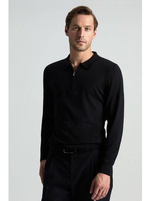 Hemington Merino Yün İpek Karışım Polo Yaka Yarım Fermuarlı Siyah Triko