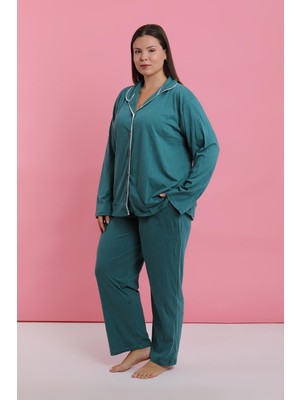 Akbeniz Kadın Büyük Beden Petrol Rengi Düğmeli Pijama Takımı