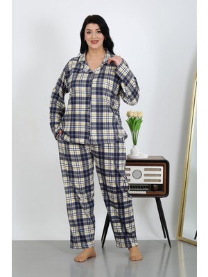 Akbeniz Kadın Büyük Beden Pamuklu Cepli Düğmeli Lacivert Pijama Takım 202504