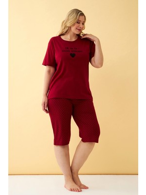 Akbeniz Kadın Bordo Kalp Desenli Büyük Beden Kapri Pijama Takımı