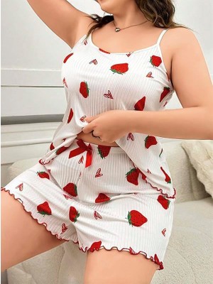 Will Like Büyük Beden Çilek Desen Pamuklu Şortlu Pijama Takımı
