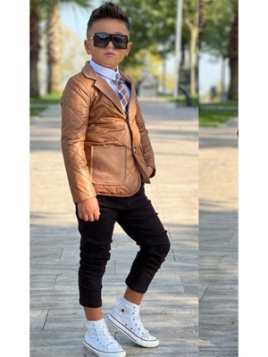Riccotarz Erkek Çocuk Klasik Gömlek Kravatlı Kapitone Taba Mont Slim Pantolon Kesim Pantolon Alt Üst Takım