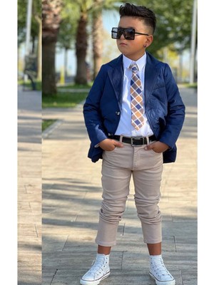Riccotarz Erkek Çocuk Klasik Gömlek Kravatlı Kapitone Mavi Mont Slim Pantolon Kesim Pantolon Alt Üst Takım