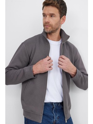 Tudors Unisex Relax Fit Rahat Kesim Pamuklu 3 İplik İçi Polarlı Fermuarlı Cepli Gri Sweatshirt Hırka