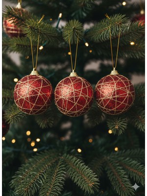 Dodomar 3 Adet Yılbaşı Ağacı Top Süsü (8 cm) - Kırmızı Simli ve Altın İple Sarılı Lüks Dekorasyon Seti (Random)